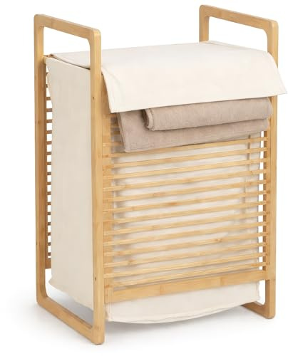 Wäschekorb Bambus 60x40x35 cm Wäschesammler mit Deckel Creme Wäschebox | BURI, herausnehmbarer Wäschesack, Bad, Schlafzimmer, einfacher Aufbau, Holzoptik, platzsparend, stabil, moderne Aufbewahrung