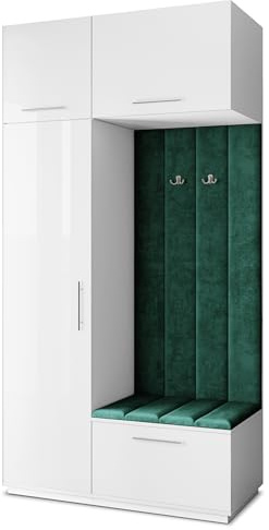 Masseno Flugarderoben Set Rema, Kleiderschrank-Set mit Sitzbank, Garderobenschrank Flur mit 5 Regalböden, Weiß