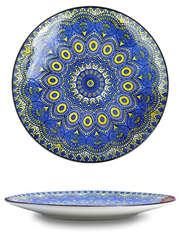 26cm Dinner Plates Set 4 Boho Mandala Blue, Tableware Porcelain 4-Piece 10 inches Large Main Course Plate Dinner Serving Dishes Sets, Dishwasher and Microwave Safe