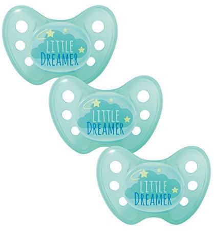 dentistar Night Silikon Schnuller 3er-Set - Größe 2, 6-14 Monate - Glow in the Dark Nuckel mit Dentalstufe – BPA-frei – Made in Germany - Little Dreamer, Blau