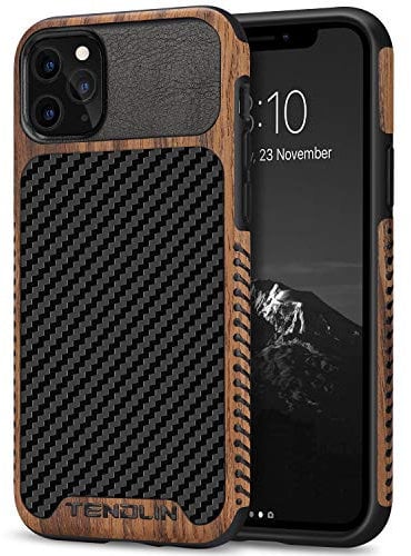 TENDLIN Compatible with iPhone 11 Pro Max Case Wood Grain with Carbon Fiber Texture Design Leather Hybrid Case Black