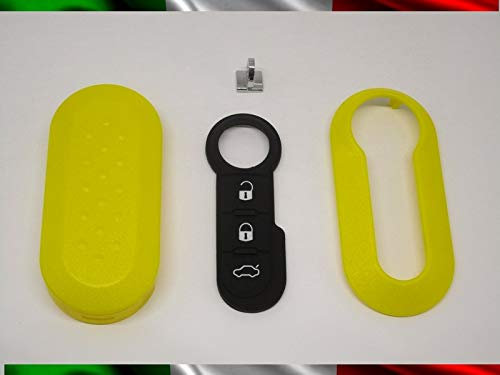 TOPBEST Cover Chiave Guscio + Tasti TASTINI in Gomma + Gancio Portachiavi Compatibile con Fiat 500 Grande Punto Evo Bravo Panda 500L Lancia Y YPSILON MUSA Delta SCOCCA Giallo