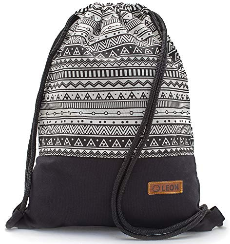 By Bers Leon großer Premium Turnbeutel mit Innentaschen Rucksack Tasche Damen Herren Teenager Gym Bag Draw String 45x34cm für Sport Reise Alltag Einkauf (Indio2_SW)