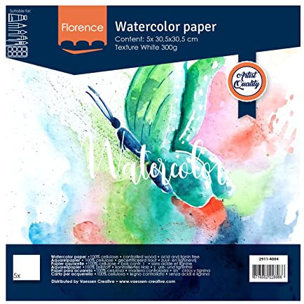 Vaessen Creative Florence Aquarellpapier A5, Weiß, 300 g/m² Strukturiertes Papier, 5 Blatt für Aquarellmalerei, Handlettering und Brush Lettering