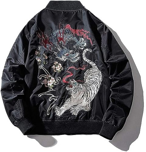 XYXIONGMAO Veste bomber surdimensionnée pour homme Dragon Tigre japonais Hip Hop Streetwear, noir, Medium