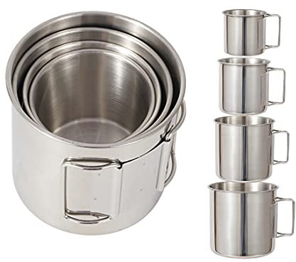 ZUZU Babe Camping Campfire Mug with Handle, Folding Big Stainless Steel Canteen Cup 4 Piece Set Backpacking Gear for Hiking, Hunting, Fishing and Survival Adventure.