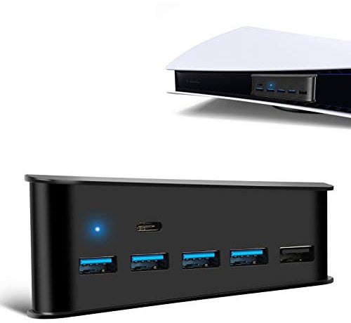 EEEKit 5 Port USB Hub for PS5 Console, High-Speed Expansion USB 3.0 Hub Charger Adapter with Type-C Compatible with Playstation 5 Gaming Console