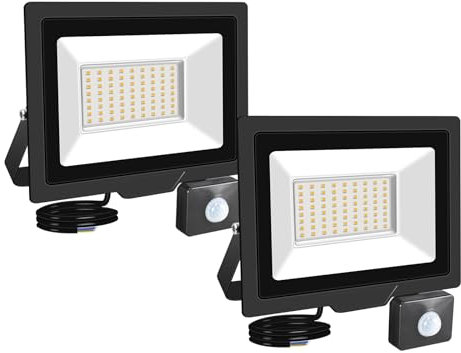 RIGIDON 2x 50W Focos Led Exterior Con Sensor Movimiento PIR, 5000 LM 3000K Blanco Cálido Foco Proyector LED IP66 Impermeable Led Seguridad Floodlight Para Patio, Jardín, Garaje, Caminos, Entrada