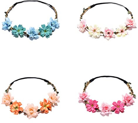 4Pcs Blumenkranz Blume Krone Stirnband,Blume Krone Stirnband,Blumenkrone,Haarkranz Krone,Blumenkranz Haarband, Blumen Krone Braut,Damen Mädchen für Festival Party Hochzeit Strand Geburtstag