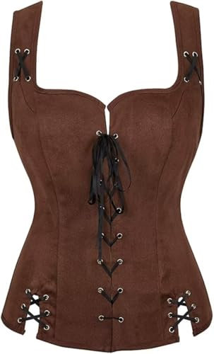 Jutrisujo Mittelalter Kleidung Renaissance Weste Damen Pirat Kostüm Gothic Mantel Steampunk Cosplay Top mit Schnürung Oktoberfest Kaffee 3XL
