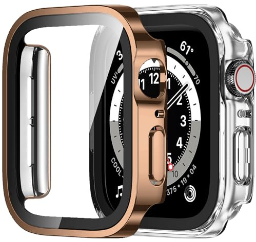 Amizee 2 Stück Hard Hülle Kompatibel mit Apple Watch Schutzhülle SE 3/2/1 Series 6/5/4 44mm mit Tempered Glass Displayschutz, Ultradünn Kratzfeste Schutzhülle für iWatch 44mm (Roségold/Transparente)