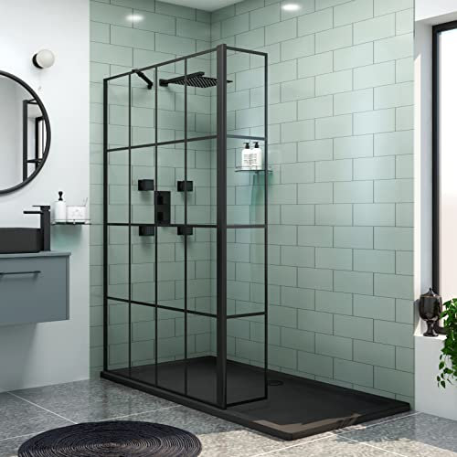 Milan 900mm Matt Black Walk in Wet Room Shower Enclosure Screen Grid with 300mm Flipper Panel 8mm Easy Clean Toughened Safety Glass with Support Arm