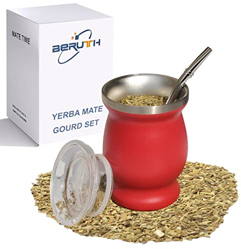 Bombilla Yerba Mate Calabaza, Juego de Tazas de Té de Acero Inoxidable de 8 oz con Tapa Multifuncional, Dos Pajitas y Cepillos de Limpieza (Rojo)