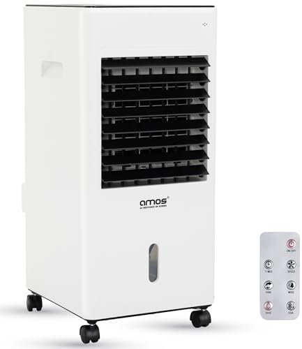 AMOS Portable Air Cooler with 5L Water Tank, Remote Control, 3 Fan Speeds, Digital Display, 12H Timer, Oscillation, Wheels & 2 Ice Packs – Cooling and Humidifying Fan for Home or Office