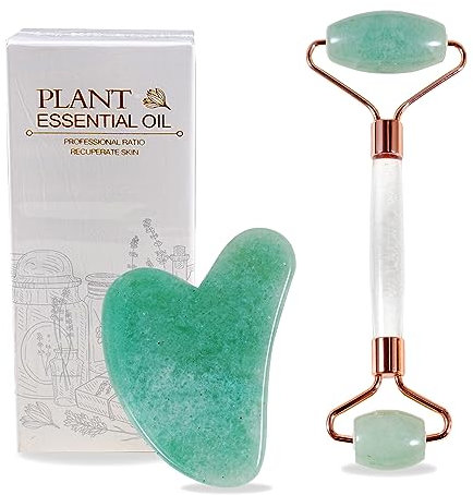 Soulnioi Aventurin Jade Roller und Herz Gua Sha Scraping Kit Gesichtsroller Hautpflege Werkzeug Schaben Massage Werkzeuge Kristall Haut Schaber Massage Set für Auge Hals Gesicht und Körper für Mädchen