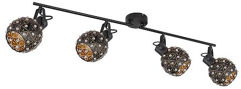 Deckenleuchte Deckenstrahler Wohnzimmerlampe Esszimmerleuchte, Kristalle, Spots beweglich, Metall schwarz, 4 x E27, L 90 cm