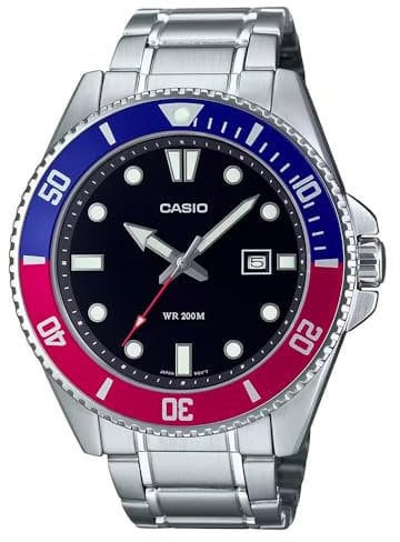 Casio MDV107D-1A3V Herren-Tauchuhr, Edelstahl, 200 m, rot/Blaue Lünette, schwarzes Zifferblatt, 3-Zeiger-Anlog