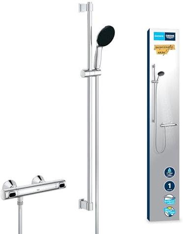 GROHE Precision Flow, Duschset mit Thermostat wassersparend, 8l pro Min (Duscharmatur hält Temperatur konstant, Duschkopf 1 Strahlart, 175cm Schlauch, Duschstange 90cm, 3in1 Werkzeug), chrom, 34805001