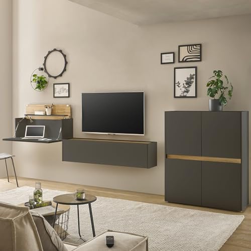 Lomadox Wohnwand mit Homeoffice-Lösung anthrazit mit Eiche 3-teilig modern, 1 TV-Hängeschrank, 1 Highboard, 1 Hängesekretär