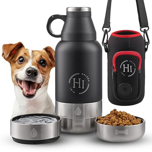 Hochwertige Hunde-Trinkflasche 950ml, isolierte Edelstahlflasche mit 2 Näpfen und Tragetasche mit Kotbeutelspender. Praktische Hundewasserflasche mit Futterbehälter für unterwegs, Reisen und Wandern
