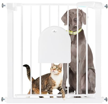 SUBTLETY Türschutzgitter mit Katzenklappe Auto Schließen Treppenschutzgitter Ohne Bohren Hundegitter mit Katzentür Erweiterbar Absperrgitter Schutzgitter für Kinder & Haustiere (Weiß, 75-85cm)