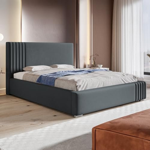 MOTIVENA Bolonia Polsterbett 180x200 Grau, Polsterbett 180x200 Samt, Polsterbett 180x200 mit Bettkasten, Polsterbett 180x200 mit Stauraum, mit Lattenrost, mit Kopfteil, ohne Matratze, Anthrazit