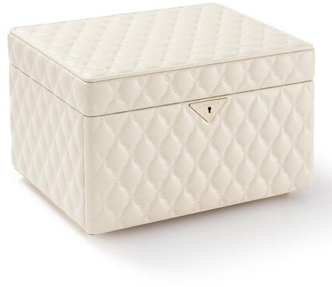 Vee Schmuckkästchen,Schmuckkasten Diamant gestepptes Leder Schmuckbox,Schmuckaufbewahrung mit großer Spiegel,viel Stauraum,abschließbar,Geschenkidee(Beige, Groß-34 * 25.5 * 22cm)