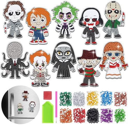 10Pcs Halloween Diamond Art Refrigerator Magnets, Horror Movie DIY Diamond Art Kits for Adults, Scary Stuff for Women