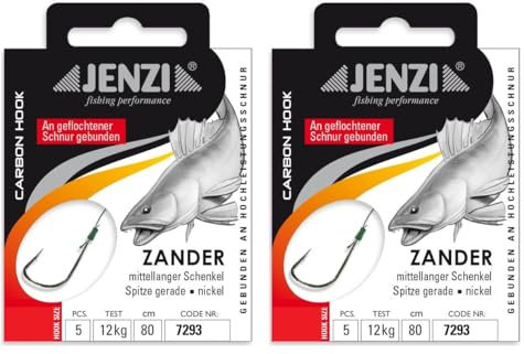 Set 2 Packungen JENZI gebundene Zanderhaken (10 Stück) an geflochtener Schnur, 80cm Zander Vorfach montiert Hakengröße, 1, 1/0, 2, oder 4 + gratis Petri Heill! Aufkleber (Hakengröße 2)