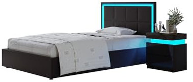 Bed Frame with Storage, 3FT Single Faux Leather Bed, Ottoman Gas Lift Storage Bed Frame, LED Single Size Bed for Bedroom Home, Black