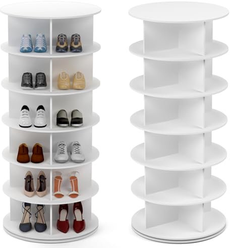 PTUWODS Rotating Shoe Cabinet, 360 Degree Shoe Rack Storage - Round Carousel Vertical Handbag Organizer (White, 6 Tier)