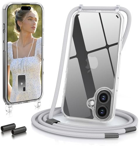 GOODVISH Funda para iPhone 16 con Cuerda, Transparente Case para Teléfono con Cordón, Carcasa para Teléfono con Collar, Cámara y Protección de Pantalla, Anticaída Cover 6.1, Gris Claro