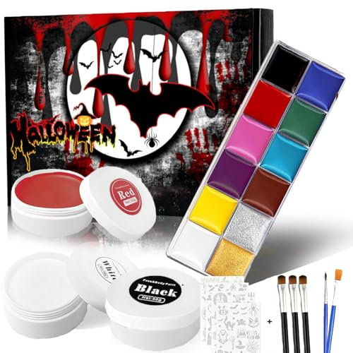 Maquillage halloween pour visage, Faux Sang Maquillage Set Avec Noir + Blanc + rouge,12 couleurs Peinture Corporelle,Modèle de peinture d'horreur,Stylos à peinture