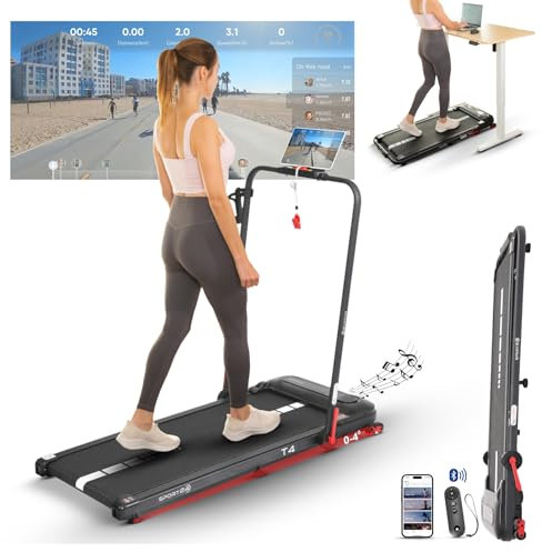 Sport24 Walking Pad Treadmill, Foldable with Incline 120kg Capacity, Bottle Holder, App, Speaker, Under Desk Running Machine for Home with Handle LED Display 1-12km/h, Low Noise 2.5HP Remote Control