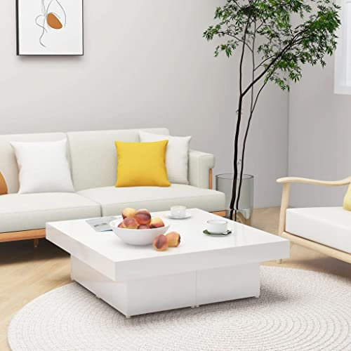 prissent Couchtisch 90x90x28cm Hochglanz-Weiß Holzwerkstoff Tisch Wohnzimmer Konsolentisch Blumenständer Coffee Table Nachtschrank Side Table Druckertisch