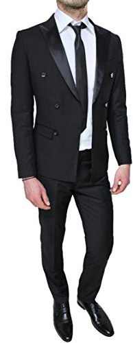 Evoga Abito Uomo Blu Scuro in Raso Completo Slim Fit Smoking Elegante Cerimonia (IT, Numero, 48, Regular, Regular, Nero Doppiopetto)