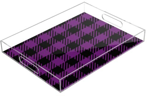 Vassoio da portata con manici in acrilico trasparente viola nero a quadri rettangolare 40,6 x 30,5 cm, vassoio da letto in acrilico impermeabile