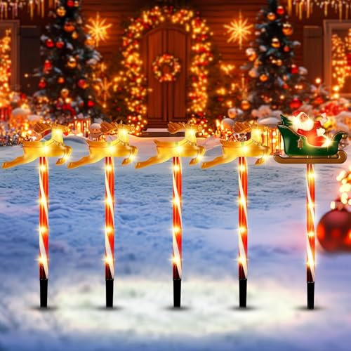 Solar Weihnachtsdeko Aussen - 5 Stück Solar Wetterfest Weihnachtsdeko mit Weihnachtsmann und Elch mit 8 Beleuchtungsmodi, wasserdichte, LED Weihnachten Deko für Garten, Hof, Rasen, Gehweg
