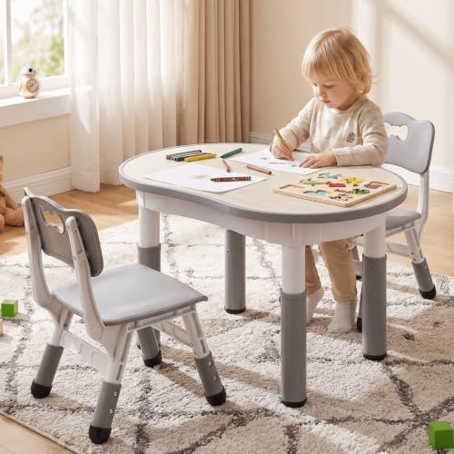 Clevich Kindertisch mit 2 Stühlen, Kinder Tisch Stuhl Set Höhenverstellbar, Multifunktionaler Kindersitzgruppe, Maltisch für Klassenzimmer Kindergärten Kindertisch und Stuhlset für Essen Spielen Grau