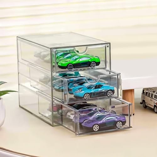 Ksvaye Schubladenboxen Schreibtisch, Acryl Organizer Schminktisch mit 3 Schubladen, Transparente Makeup Drawer Organizer, Sammelkoffer für Hot Wheels, Aufbewahrungsbox für Kosmetik Bürobedarf Schmuck