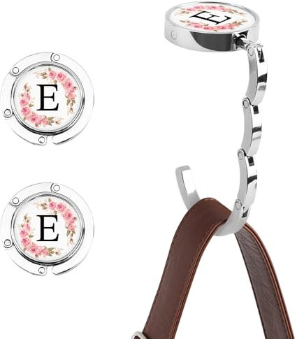 WALLFID 2PCS Personalized Initial Handbag Hooks for Table, Foldable Purse Hooks, Floral Letter Handbag Holders, Compact Bag Hangers for Women, Bag Hooks for Table (E)