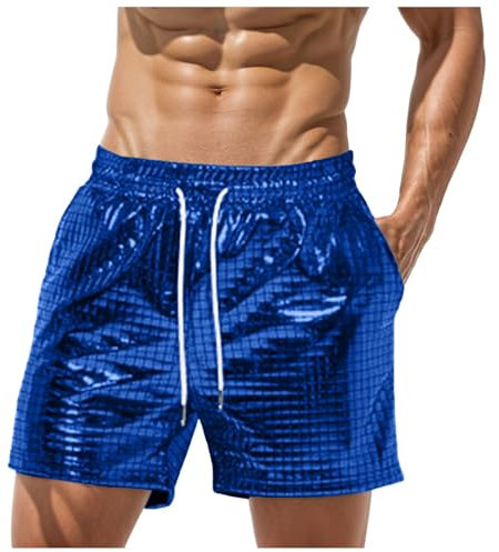Generisch Männer Sexy Shorts Metall Shorts Herren Glänzende Kurze Hose Party Gold Silber einseitige See-Through-Effekt Shorts Bar Metallic-Shorts Pailletten Boxershorts Hot Short Pants (Blue #3, XL)