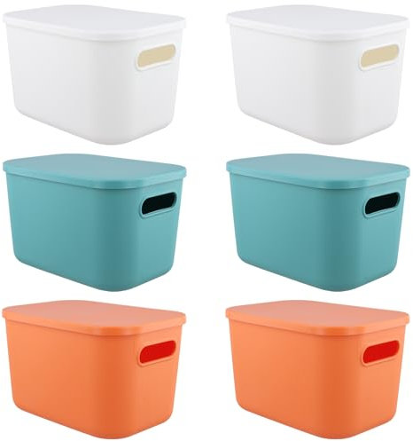 MOUYAT 6 PCS Storage Boxes With Lids, Plastic Storage Basket, Stackable Plastic Storage Baskets for Shelves, Kitchen, Office, Home, White, Green, Orange, 25 x 18 x 16cm