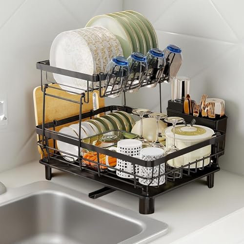 UrbanPluse 2 Tier Dish Drying Rack with Drip Tray, Large Black Dish Drainer with Cutlery Holder, Cup & Wine Glass Rack, Rustproof Stainless Steel Kitchen dish drainer rack