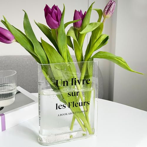 Jarrón Libro Transparente de Acrílico en Forma de Libro, Estético Rectangular Tulipán Aesthetic Room Decor, Florero de Plástico Decorativos Modernos para Decorar Oficinas, Dormitorios, Salones