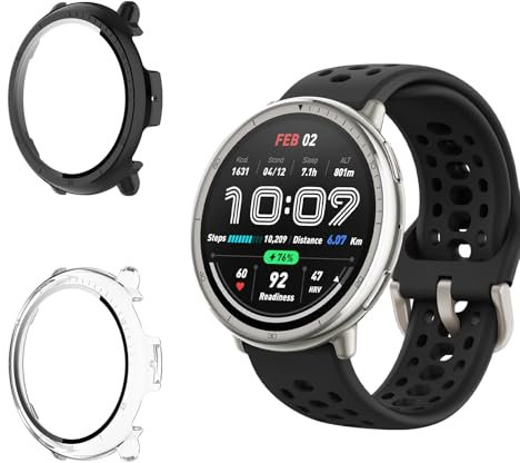 Funrae Hülle Kompatibel mit Amazfit Active 2 44mm [2 Stück], PC Gehäuse mit Hartglas Displayschutz Schutzhülle Vollschutz Kratzfest Ultradünner Puffer Schutz Case - Schwarz&Transparent