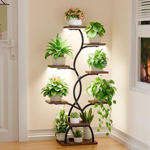 BACEKOLL Supporto per piante con luce di crescita, 8 livelli, 124 cm, in metallo e legno, per interni ed esterni, decorazione per fiori, colore nero, per interni, giardino, balcone