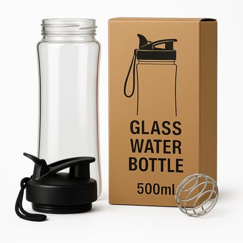 Generisch Glas Shaker 500ml für Proteinshakes | BPA-frei, geschmacksneutral & spülmaschinenfest | Shaker mit Kugel aus Edelstahl | Eiweißshaker aus Glas für gesunde Ernährung