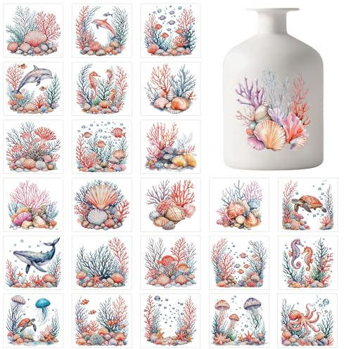 GLOBLELAND 25 Blatt Bunte Korallen Muscheln Silhouette Selbstklebende Aufkleber Meerestiere Fensteraufkleber Ozean Delfine Selbstklebender Laternenglas Aufkleber Für Sommerlampe Glas Tasse Vase Kunst