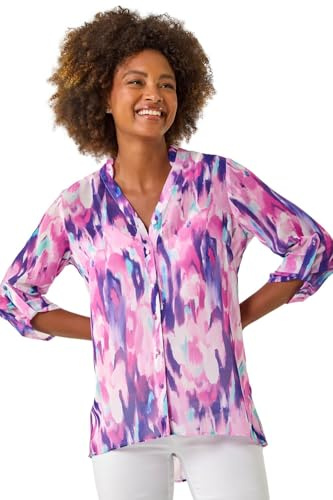 Roman Originals Blurred Print Frill Blouse for Women UK - Ladies Everyday Holiday Spring Summer V-Neckline Comfy Soft Evening Vacation Work Party - Purple - Size 16